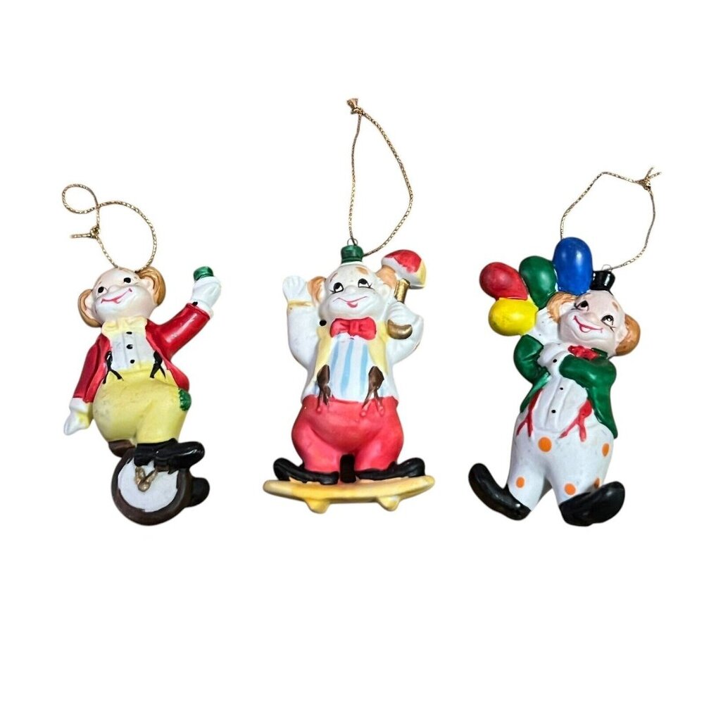 Vintage Retro Christmas Around The World Set Of 3 Circus Clown Ornaments Ceramic